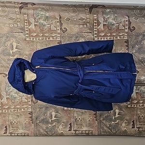 Steve Madden long bright blue long jacket full zipper belt attached hood